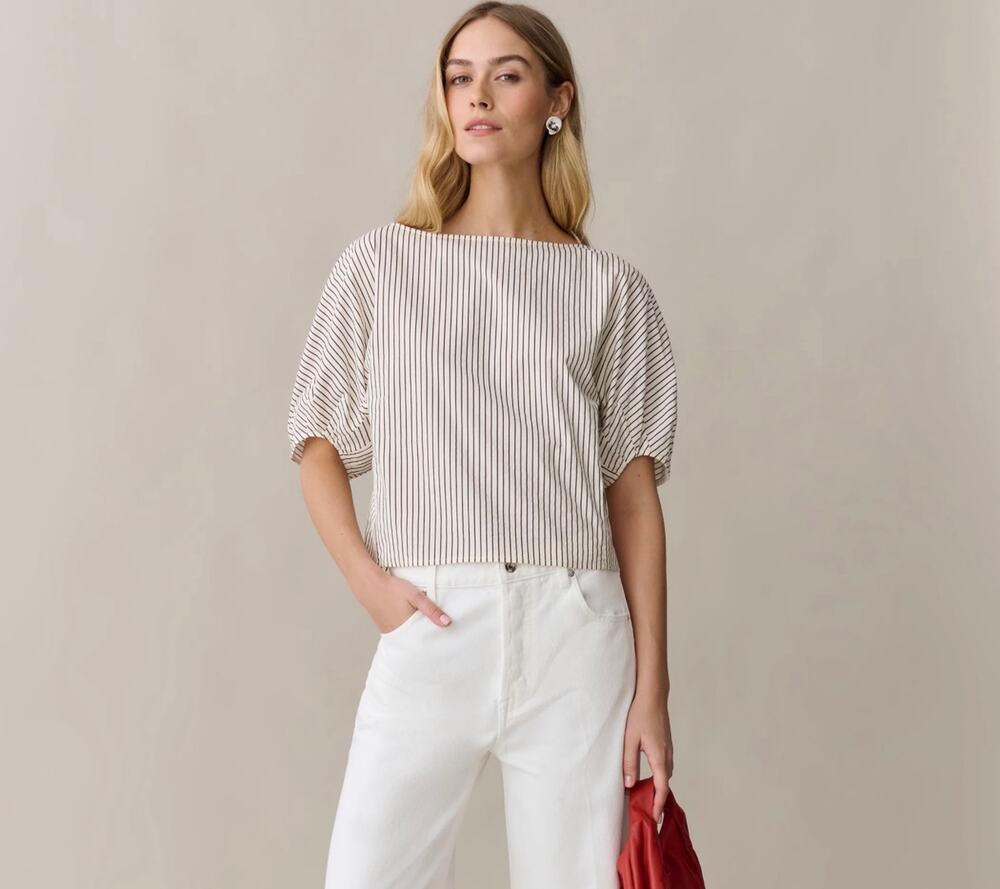 New Few Moda Caara Winnie stripe cream brown top $122 sz M